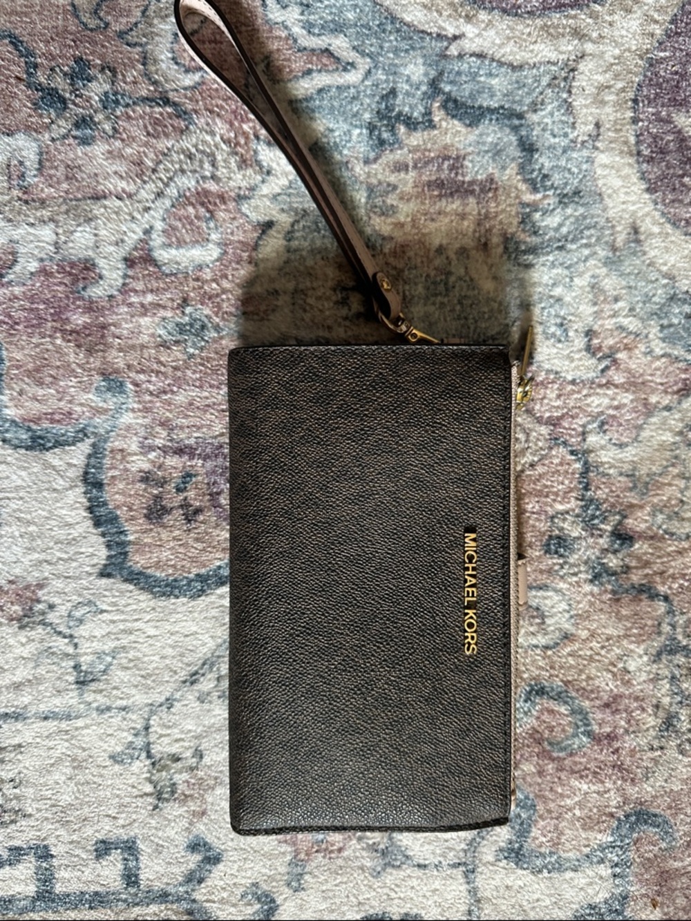 Michael Kors Black Pebbled Leather Wristlet with Gold Logo
